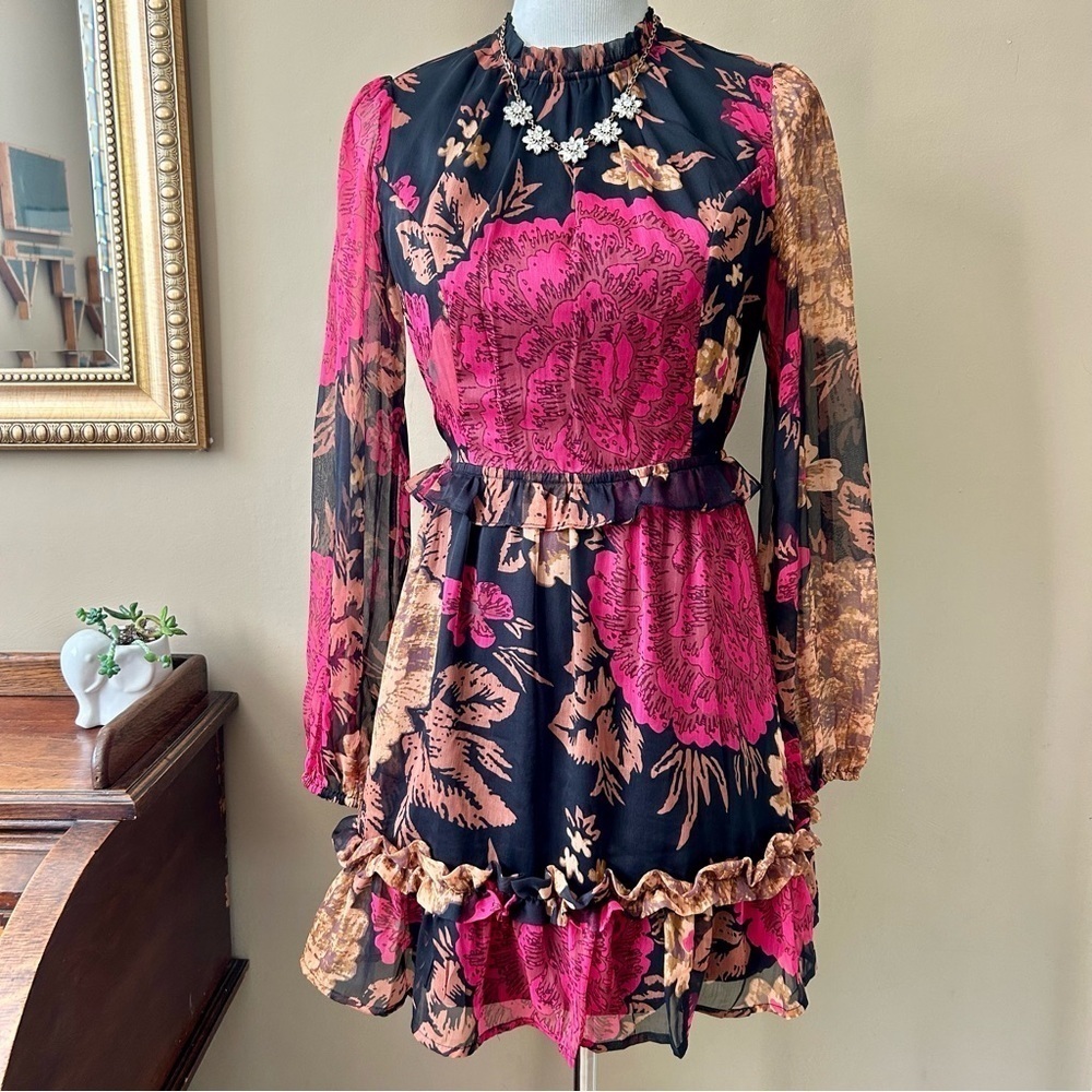 Anthropologie Porridge Long Puff Sleeve Open Back Floral Chiffon Mini Dress Sz S